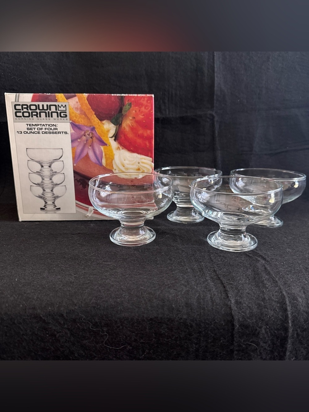 Vintage 80s Crown Corning Temptation Set Of 4 13Oz Dessert Glasses Cups Lot New